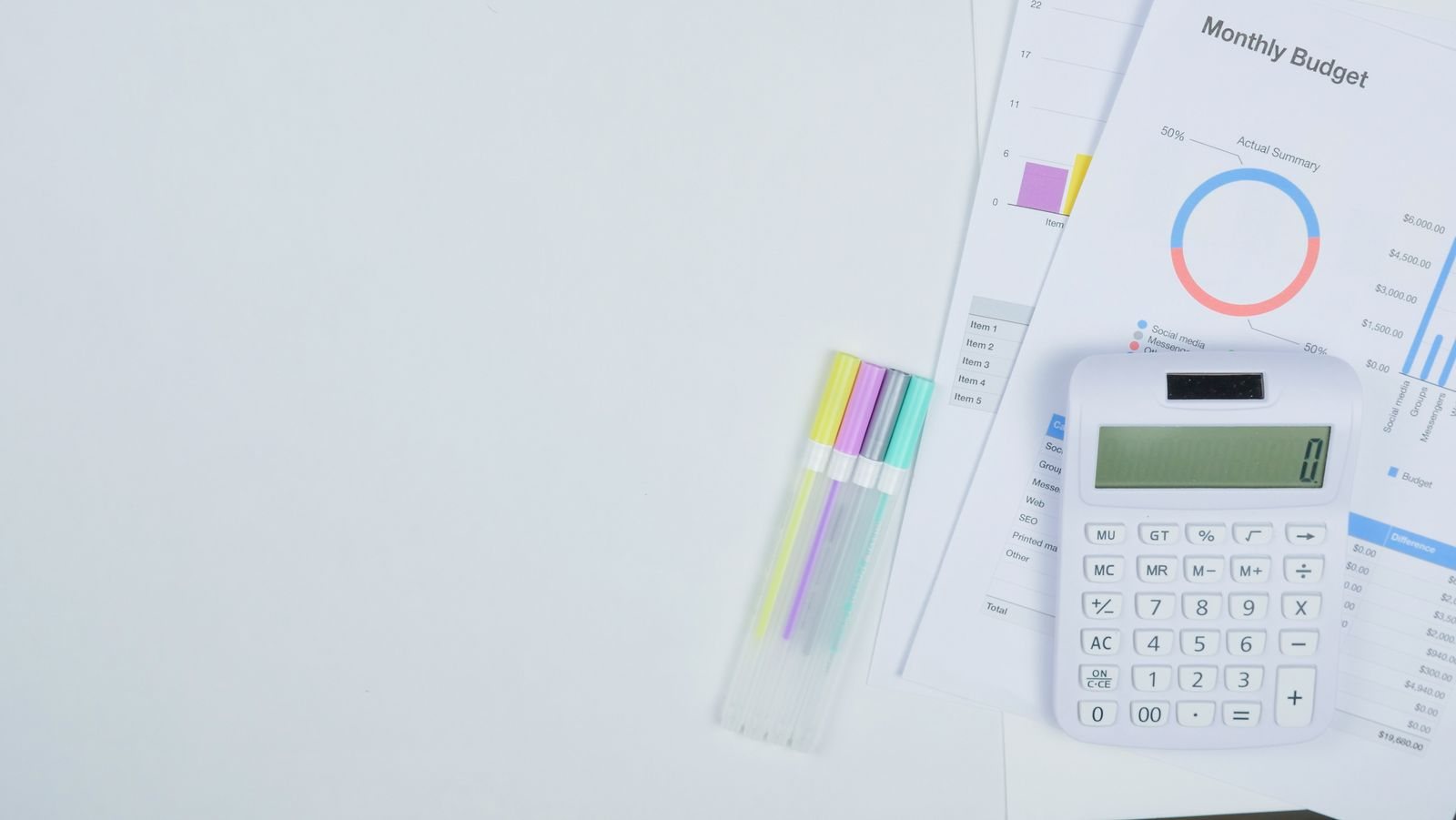 A budget worksheet, calculator and pens support a small business cost review.